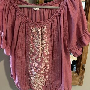 Embroidered Off-Shoulder Peasant Top - Dusty Rose-Maurice’s- OX
